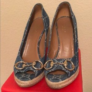 Gucci blue denim peep toe wedge heels